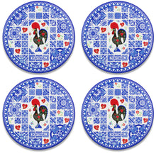 Load image into Gallery viewer, Set of 4 Portuguese Ceramic Coasters with Cork Backing – Blue Azulejo Tile Design with Barcelos Rooster