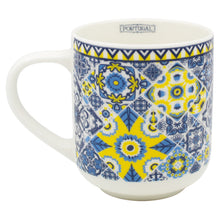 Load image into Gallery viewer, Portuguese Ceramic Mug with Blue and Yellow Azulejo Tile Pattern, 16 oz.