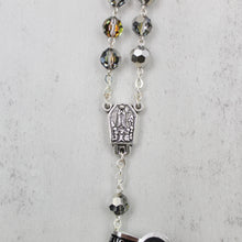Load image into Gallery viewer, Our Lady of Fatima Rosary with 8mm Black and Silver Bohemian Crystal Beads