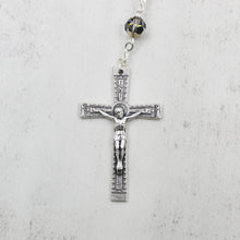 Load image into Gallery viewer, Our Lady of Fatima Rosary with 8mm Black and Silver Bohemian Crystal Beads