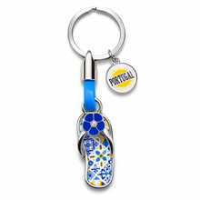 Load image into Gallery viewer, Portuguese Azulejo Flip Flop Keychain with Blue Flower & Portugal Charm