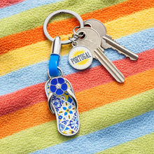 Load image into Gallery viewer, Portuguese Azulejo Flip Flop Keychain with Blue Flower & Portugal Charm