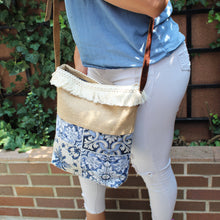 Load image into Gallery viewer, Praceta Lisboa Crossbody Bag with Blue Azulejo Tile Design, Fringe Trim & Adjustable Strap