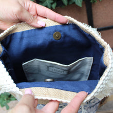 Load image into Gallery viewer, Praceta Lisboa Crossbody Bag with Blue Azulejo Tile Design, Fringe Trim & Adjustable Strap