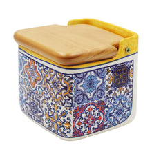 Load image into Gallery viewer, Portuguese Azulejo Ceramic Salt Holder with Wooden Lid, Yellow