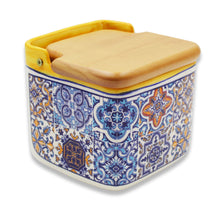 Load image into Gallery viewer, Portuguese Azulejo Ceramic Salt Holder with Wooden Lid, Yellow