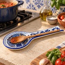 Load image into Gallery viewer, Hand-Painted Portuguese Ceramic Spoon Rest – Mixed Azulejo Design, 10"