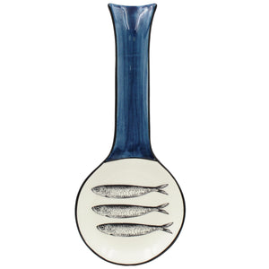 Traditional Blue and White Ceramic Sardine Spoon Rest, Utensil Holder