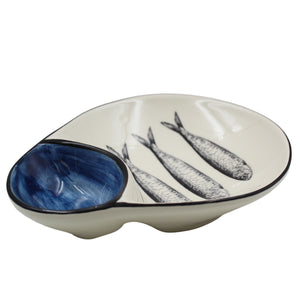 Traditional Blue and White Ceramic Sardine Olive Dish with Pit Holder