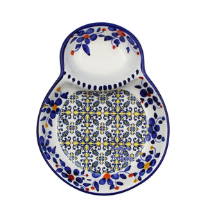Traditional Blue and Yellow Tile Azulejo Floral Ceramic Olive Dish with Pit Holder