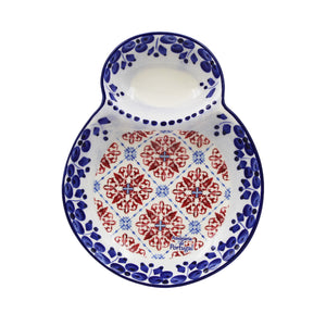 Traditional Tile Azulejo Blue and Red Ceramic Olive Dish with Pit Holder, Brasão