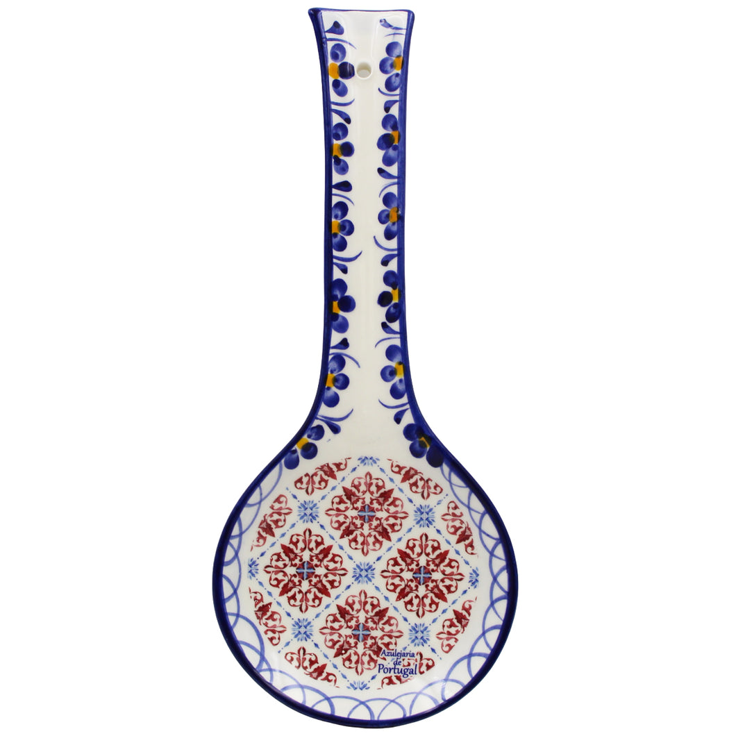 Traditional Tile Azulejo Blue & Red Ceramic Spoon Rest Utensil Holder, Brasão
