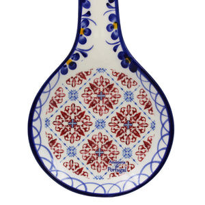 Traditional Tile Azulejo Blue & Red Ceramic Spoon Rest Utensil Holder, Brasão