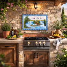 Load image into Gallery viewer, Portuguese Ceramic Tile Wall Panel – Waterfall Mountain Landscape with Swans & Blue Azulejo Border (23.5" W x 17.6" H)