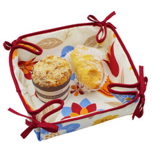 Load image into Gallery viewer, Floral Cotton Bread Basket with Red Ties, 100% Cotton
