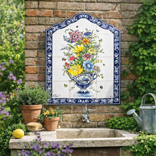 Load image into Gallery viewer, Portuguese Ceramic Tile Wall Panel – Floral Vase with Multicolor Flowers & Blue Azulejo Border (17.6" W x 23.5" H)