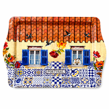 Load image into Gallery viewer, Portuguese Azulejo Metal Serving Tray with Traditional House & Tile Design – 10" Decorative Coffee & Pastry Tray
