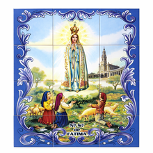 Load image into Gallery viewer, Portuguese Ceramic Tile Wall Panel – Our Lady of Fátima with Shepherd Children, Blue Azulejo Border (17.6" W x 23.6" H)