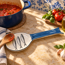 Load image into Gallery viewer, Portuguese Ceramic Sardine Spoon Rest – Blue Handle Design, 10.5"