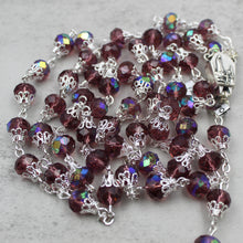 Load image into Gallery viewer, Our Lady of Fatima Rosary with Purple Iridescent Beads, Medallion, and Case