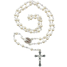 Load image into Gallery viewer, Our Lady of Fatima Rosary – 4mm Pearl Beads with Silver Tone Crucifix and Fatima Medallion