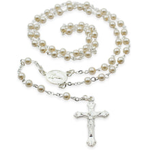 Load image into Gallery viewer, Our Lady of Fatima Rosary – 4mm Pearl Beads with Silver Tone Crucifix and Fatima Medallion