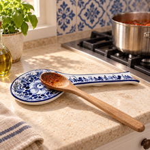 Load image into Gallery viewer, Hand-Painted Portuguese Blue & White Floral Ceramic Spoon Rest, 10"