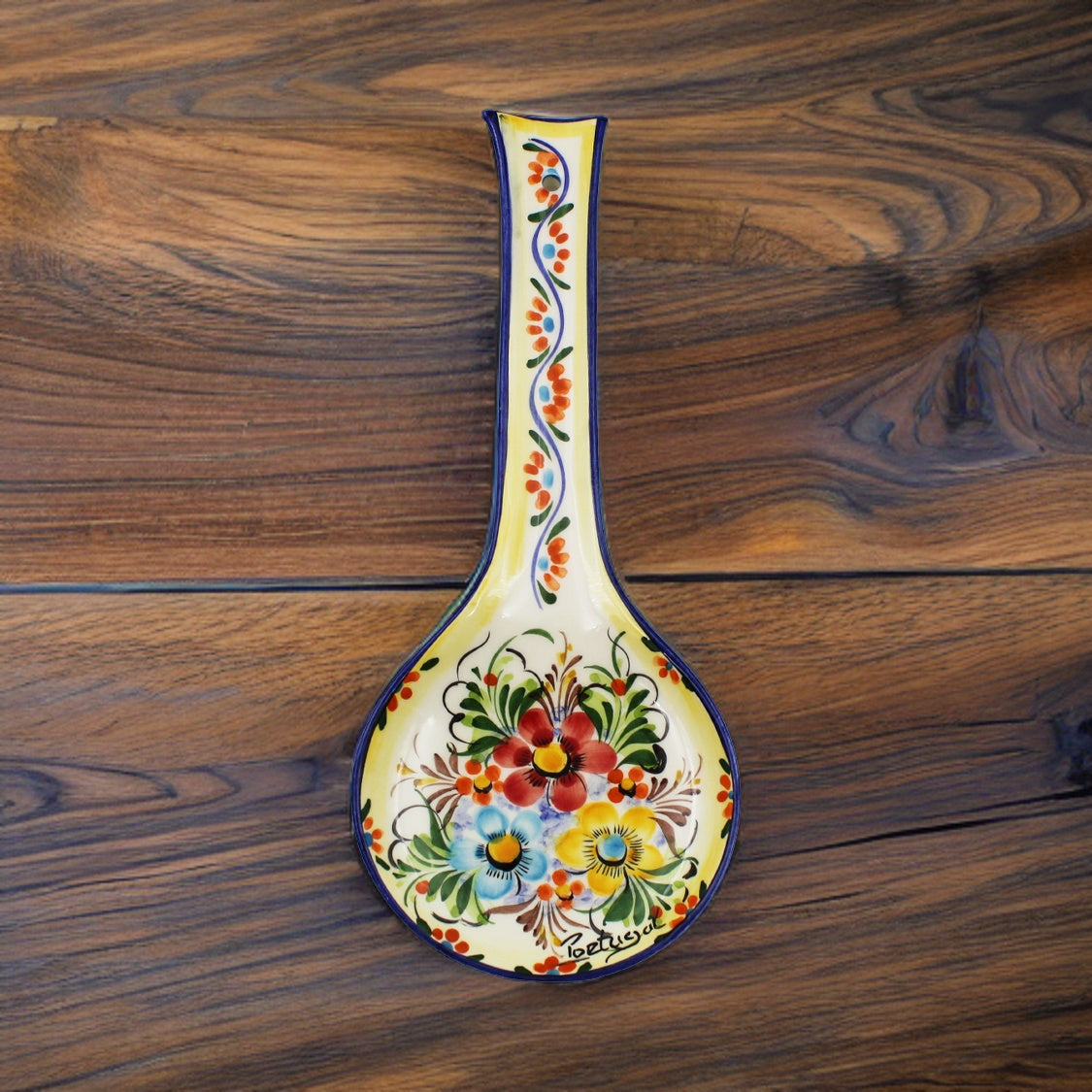 Hand Painted Portuguese Pottery Yellow and Blue Ceramic Spoon Rest