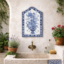 Load image into Gallery viewer, Portuguese Ceramic Tile Wall Panel – Blue Floral Vase with Classic Azulejo Border (11.75" W x 17.5" H)