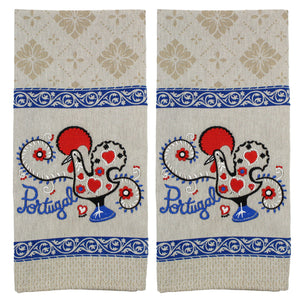 Traditional Portuguese Good Luck Rooster Blue & Beige Cotton Kitchen Dish Towel, Set of 2