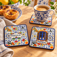 Load image into Gallery viewer, Portuguese Azulejo Coaster Set with Cork Backing – Swallow & Cat Designs, Set of 6