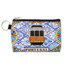 Load image into Gallery viewer, Traditional Portugal Tile Azulejo Yellow Tram Zippered Coin Holder with Key Ring
