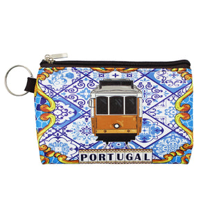 Traditional Portugal Tile Azulejo Yellow Tram Zippered Coin Holder with Key Ring