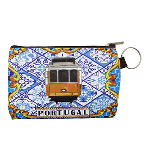 Traditional Portugal Tile Azulejo Yellow Tram Zippered Coin Holder with Key Ring