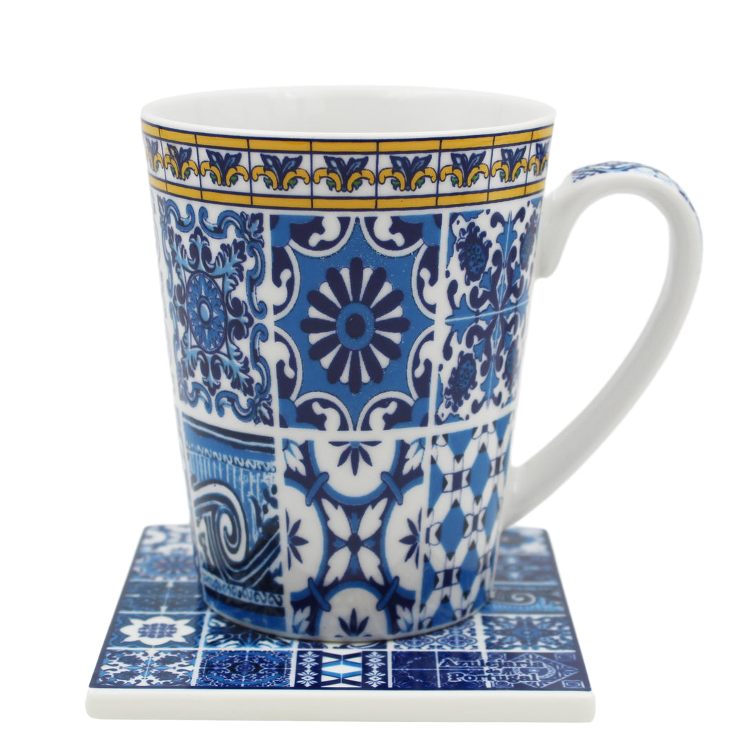 Traditional Blue Tile Azulejo Portuguese Ceramic Coffee Mug with Coaster