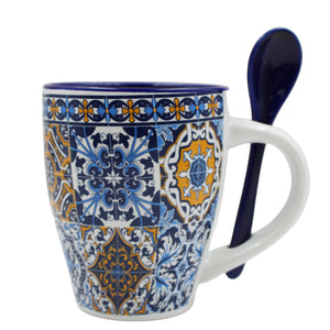 Traditional Portuguese Tile Azulejo Ceramic Mug with Spoon