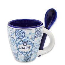 Load image into Gallery viewer, Algarve Blue Azulejo Pattern Ceramic Espresso Cup with Integrated Spoon
