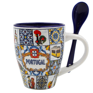 Traditional Portugal Icons Themed Ceramic Coffee Mug with Spoon and Gift Box