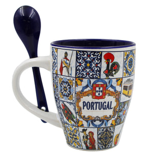 Traditional Portugal Icons Themed Ceramic Coffee Mug with Spoon and Gift Box