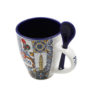 Traditional Porto Portugal Themed Ceramic Coffee Mug with Spoon