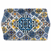 Load image into Gallery viewer, Portuguese Azulejo Metal Serving Tray with Blue & Yellow Tile Design – 10" Decorative Coffee & Pastry Tray