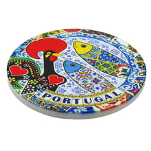 Load image into Gallery viewer, Set of 4 Ceramic Coasters with Cork Backing – Traditional Portuguese Imagery, Azulejo Background, Rooster & Sardine Design