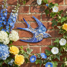 Load image into Gallery viewer, Portuguese Azulejo Metal Swallow Wall Decor – Blue Tile Design Hanging Accent, 10" Wide