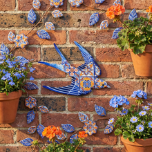 Load image into Gallery viewer, Portuguese Azulejo Metal Swallow Wall Decor – Blue Tile Design Hanging Accent, 10" Wide
