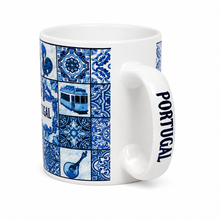 Load image into Gallery viewer, Portugal Ceramic Coffee Mug with Blue Azulejo Tile Design & Portuguese Icons, 10 oz