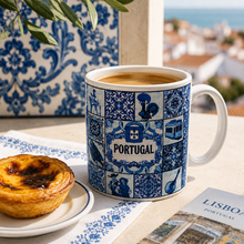 Load image into Gallery viewer, Portugal Ceramic Coffee Mug with Blue Azulejo Tile Design & Portuguese Icons, 10 oz