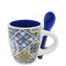 Load image into Gallery viewer, Portuguese Blue and Yellow Azulejo Pattern Ceramic Espresso Cup with Spoon
