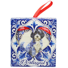 Load image into Gallery viewer, Heart-Shaped Portugal Christmas Ornament with Portuguese Water Dog Azulejo Tile Design and Ribbon