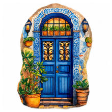 Load image into Gallery viewer, Portuguese Blue Door Hanging Wall Plaque with Azulejo Tile Arch & Floral Design