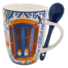 Load image into Gallery viewer, Portuguese Azulejo Ceramic Mug with Spoon – Blue Tile, Swallow & Floral Motifs